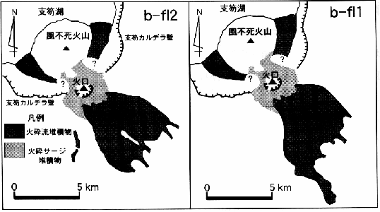 1667年の噴火の火砕流堆積物の分布(古川 1998)